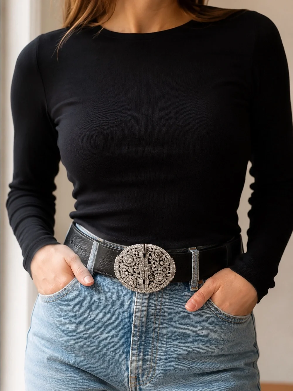 Vintage Judith Leiber Black Leather Crystal Statement Belt